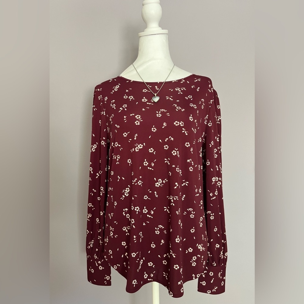 Ann Taylor Long Sleeve Blouse Shirt Maroon Floral Pattern Size Medium